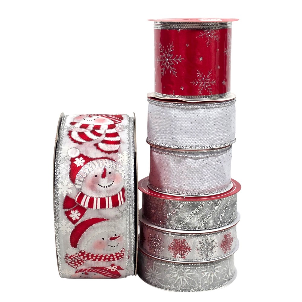 Christmas Wire Edged Ribbon Lot 7 Spools 79 Yds Kirkland Snowman Silver Red